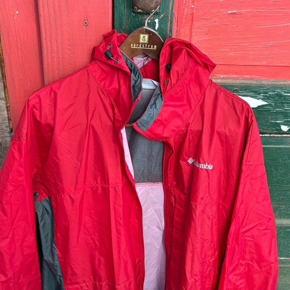 Columbia Red Hooded Rain Shell with Gray Trim
